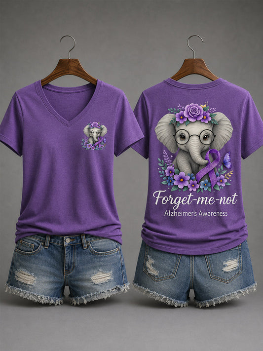 Women's Purple Ribbon Elephant Forget-Me-Not Alzheimer's Awareness Support V-Neck Tee