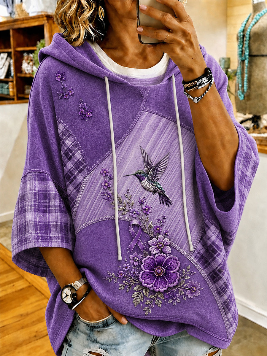Women's Purple Floral & Hummingbird Print Alzheimer's Awareness Support Short-Sleeve Hoodie