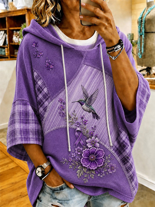 Women's Purple Floral & Hummingbird Print Alzheimer's Awareness Support Short-Sleeve Hoodie