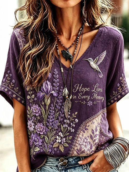 Women's Retro Purple Floral Hummingbird Print Linen Short-sleeved T-shirt