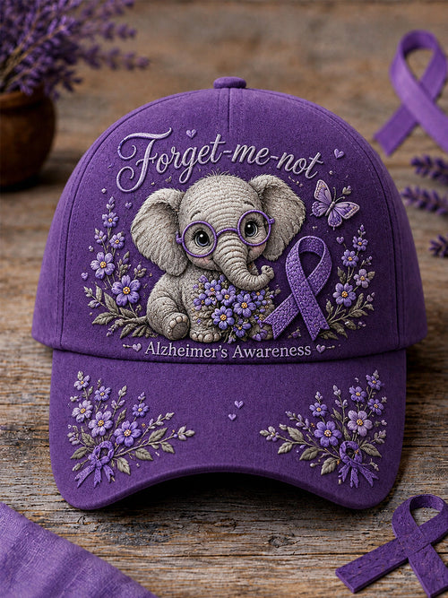 Unisex Purple Ribbon Elephant Forget-Me-Not Print Alzheimer's Awareness Support  Hat