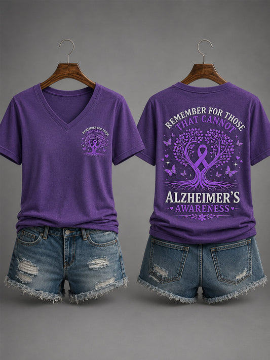 Women's Purple Ribbon Remember For Those Who Cannot Alzheimer's Awareness Support V-Neck Tee