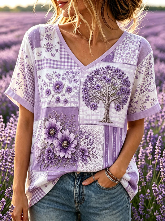 Women's Alzheimer's Awareness Support Patchwork Art Print Linen Short-sleeved T-shirt
