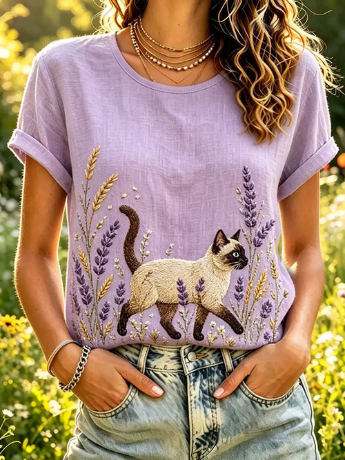 Women's Cute Cat And Lavender Print Linen Short-sleeved T-shirt