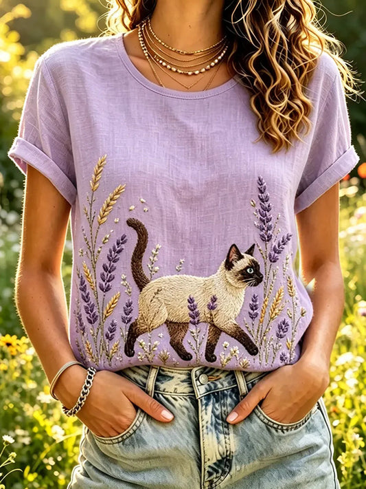 Women's Cute Cat And Lavender Print Linen Short-sleeved T-shirt