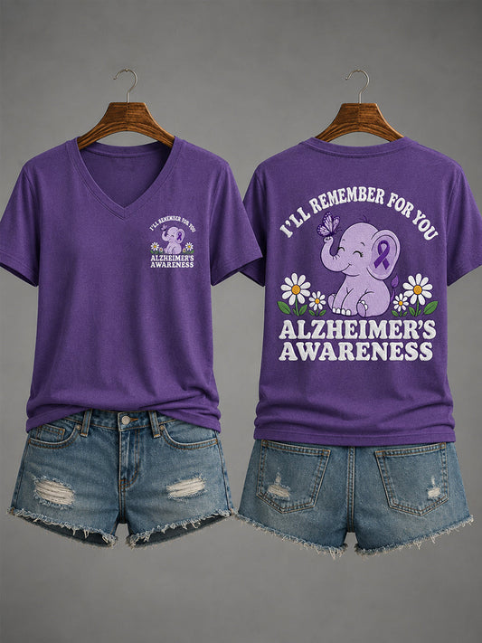 Women's Purple Ribbon Elephant I Will Remember For You Alzheimer's Awareness Support V-Neck Tee