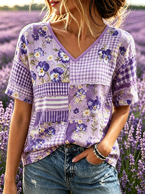 Women's Alzheimer's Awareness Support Patchwork Art Print Linen Short-sleeved T-shirt