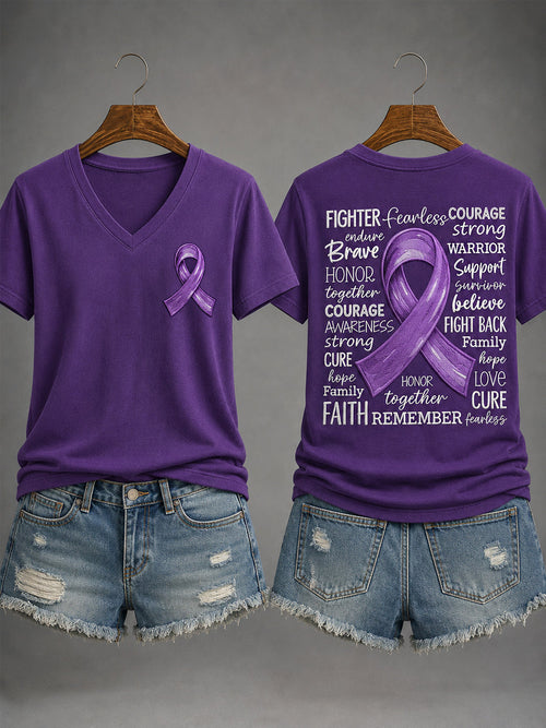 Women's Purple Ribbon Alzheimer's Awareness Support V-Neck Tee