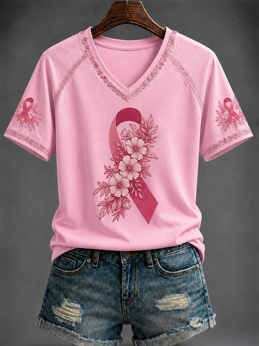 Women's Breast Cancer Pink Printed V-neck T-shirt