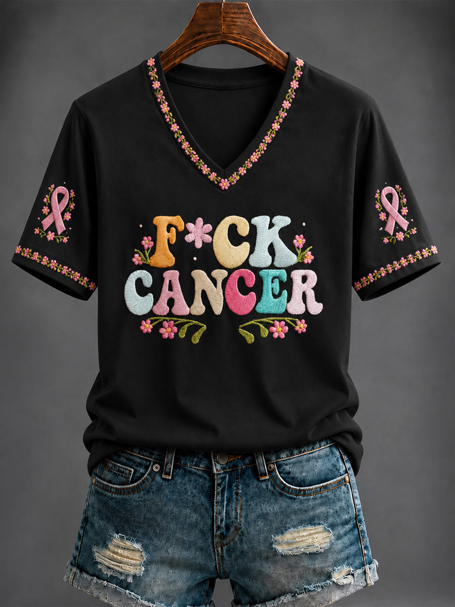 Women's Breast Cancer Pink Printed V-neck T-shirt