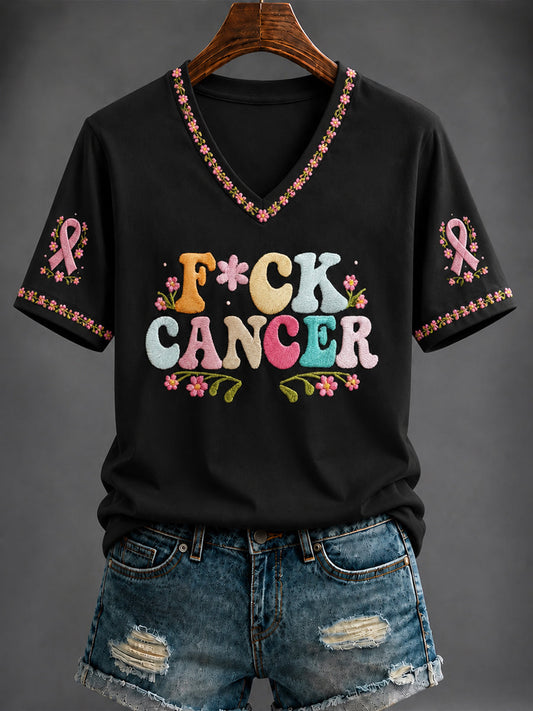 Women's Breast Cancer Pink Printed V-neck T-shirt