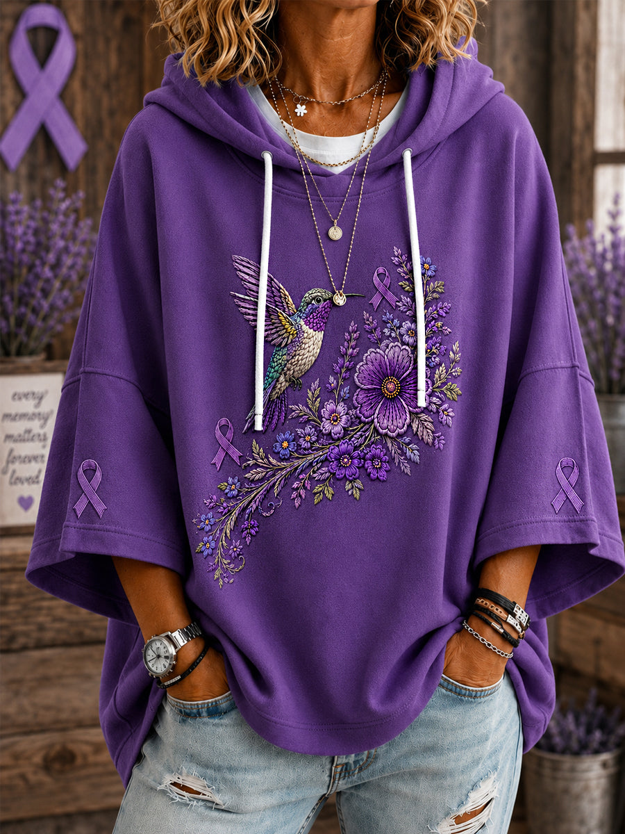 Women's Purple Floral & Hummingbird Print Alzheimer's Awareness Support Short-Sleeve Hoodie