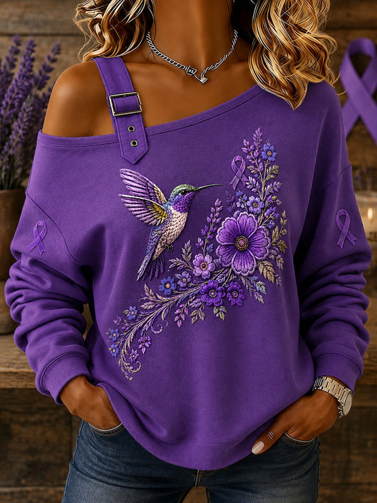 Women's Purple Floral & Hummingbird Print Alzheimer's Awareness Support Off-Shoulder Sweatshirt