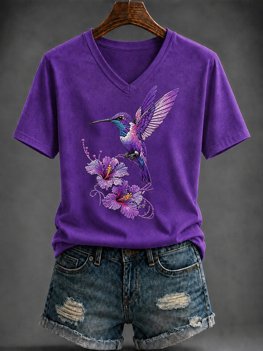 Women's Purple  Art Printed V-neck T-shirt
