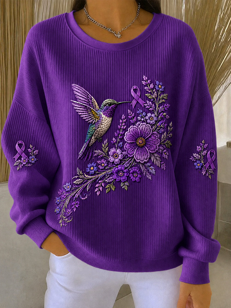 Women's Purple Floral & Hummingbird Print Alzheimer's Awareness Support Sweatshirt