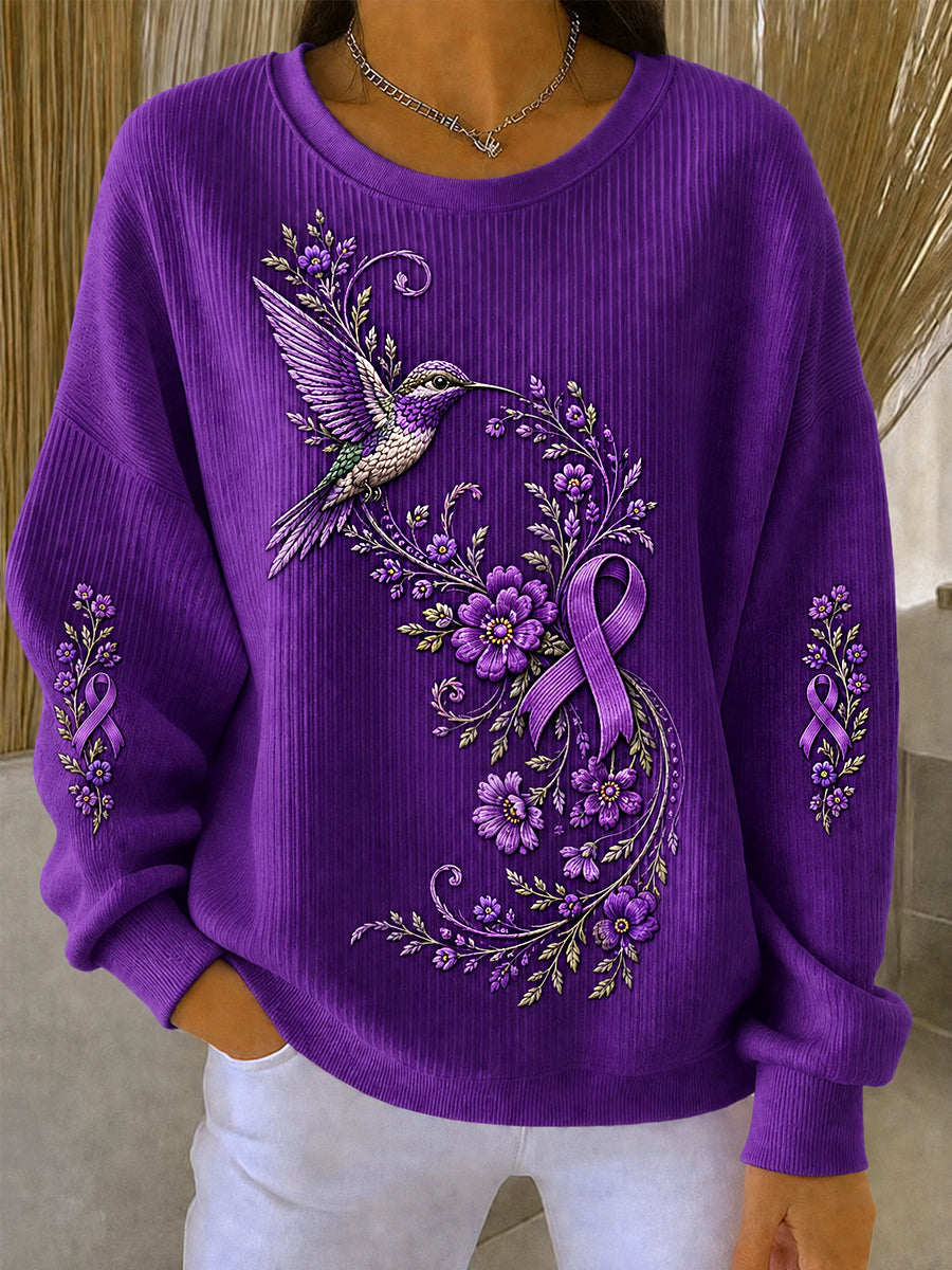 Women's Purple Floral & Hummingbird Print Alzheimer's Awareness Support Sweatshirt