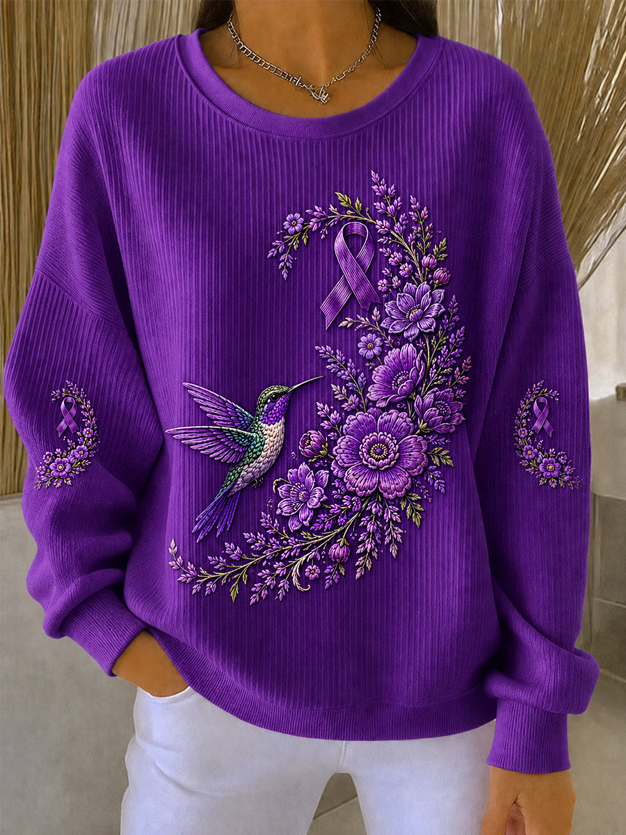 Women's Purple Floral & Hummingbird Print Alzheimer's Awareness Support Sweatshirt