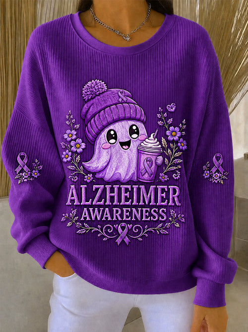 Women's Purple Floral & Cute Ghost Print Alzheimer's Awareness Support Sweatshirt