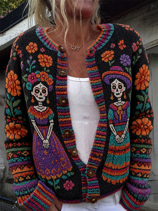 Women's Day of the Dead Sugar Skulls Mexican Floral Isle Pattern Print Cardigan