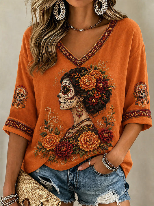 Women's Mexico Day of The Dead Art Print Casual V-Neck Top
