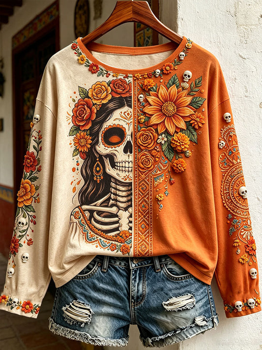 Women's Mexico Day of The Dead Floral Art Printed T-shirt